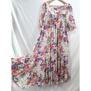 Vintage Tiered Floral Boho Maxi Dress M Cottage Prairie Gauze Resort Easter 90s